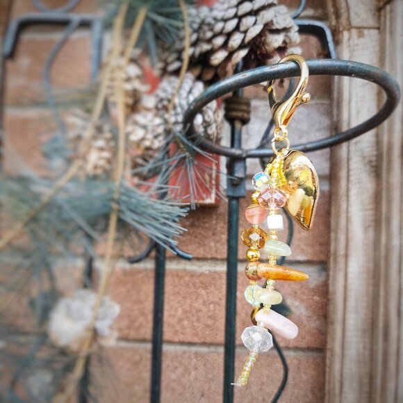 Morganite, Cherry Quartz, Unakite & Tiger Eye Bag Charm – Gold Heart Accent - Picture 3 of 3